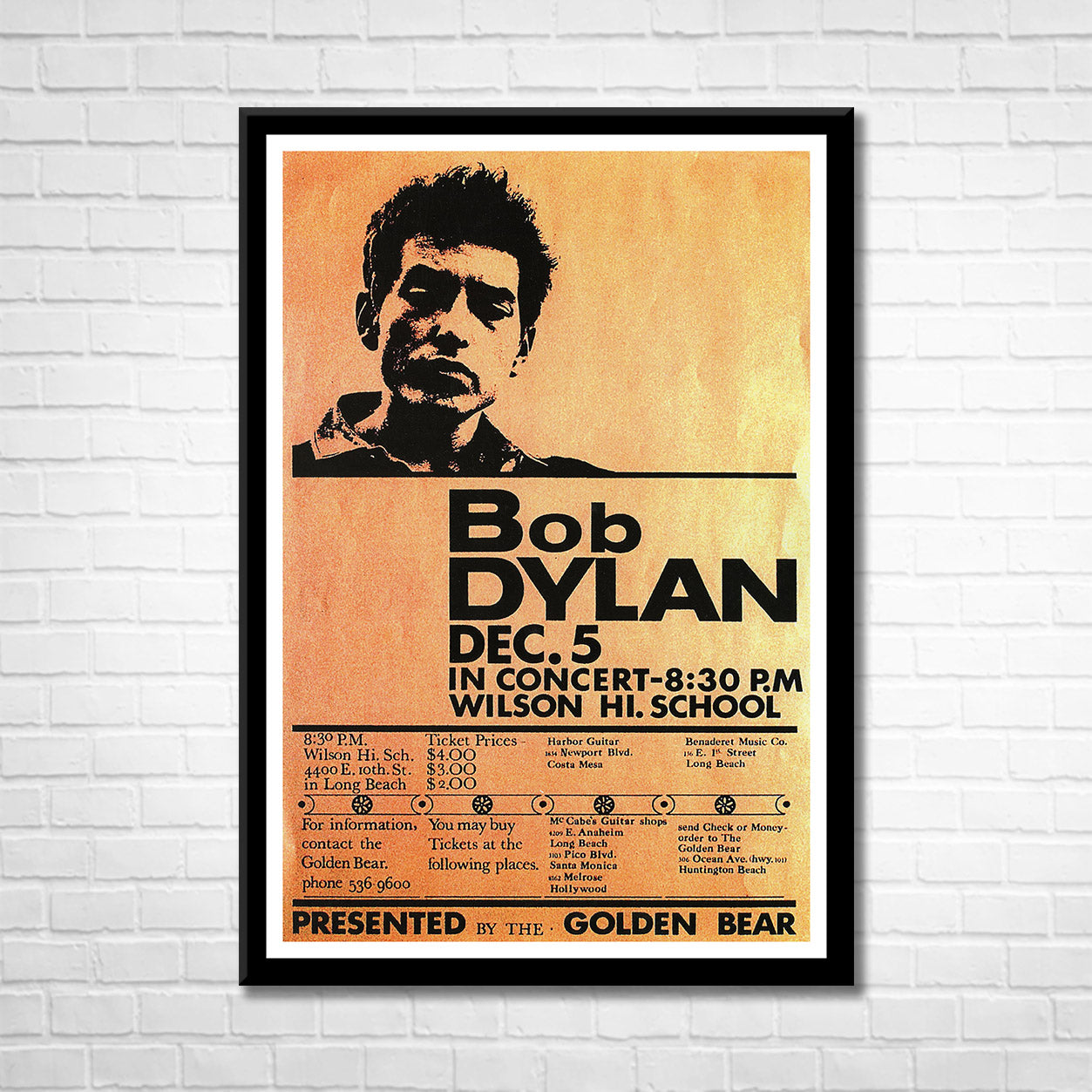 Classic Rock BOB DYLAN - Wilson High School 1964 Framed Reproduction Poster