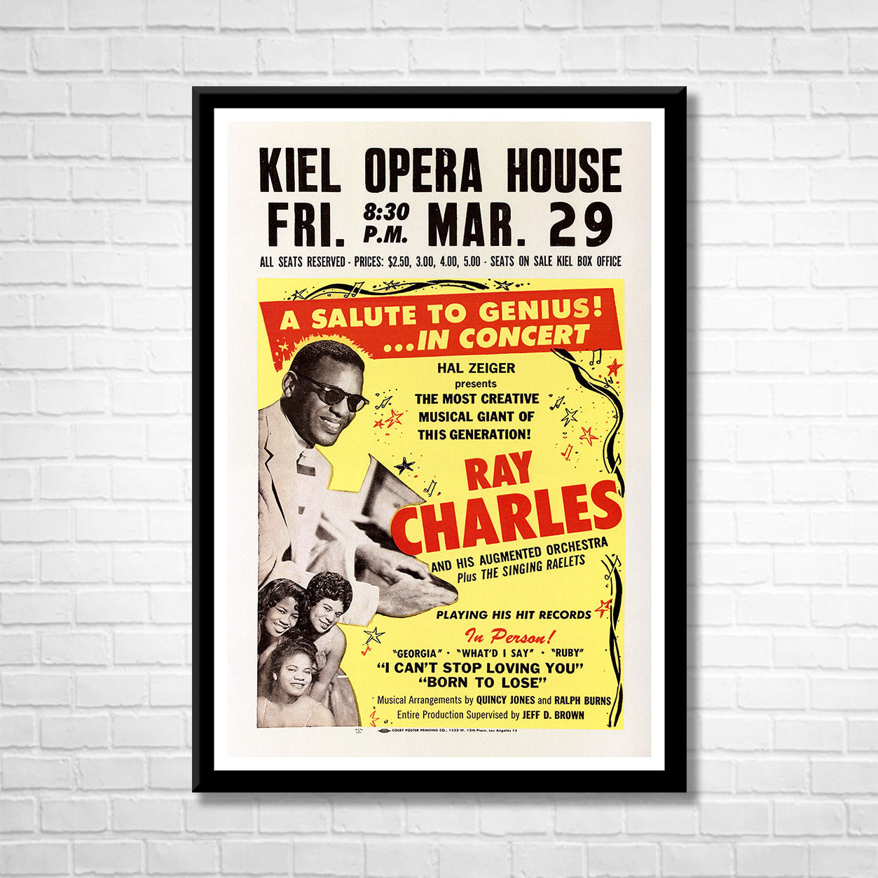 Classic Rock RAY CHARLES - KIEL OPERA HOUSE 1963 Framed Reproduction Poster