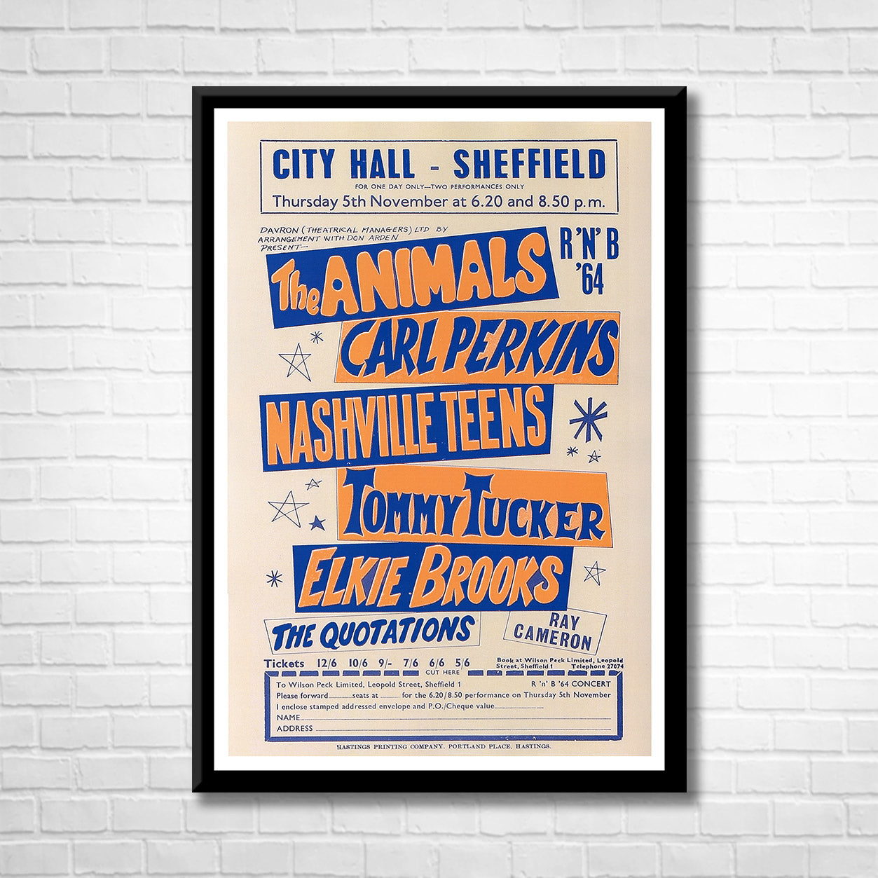 Classic Rock THE ANIMALS - SHEFFIELD 1964 Framed Reproduction Poster